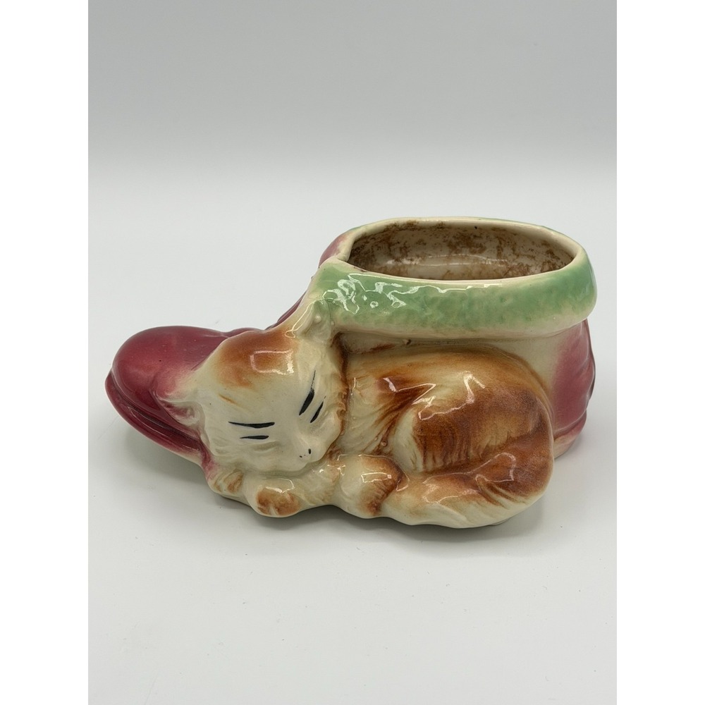 Vintage Ceramic Cat Sleeping on Shoe Planter Red Green Figural 6" Unmarked